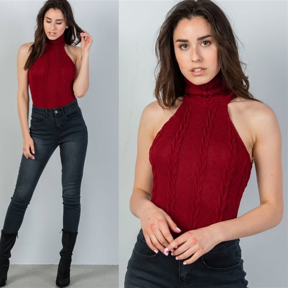 Naomi Cable Knit Sweater Bodysuit (Maroon)